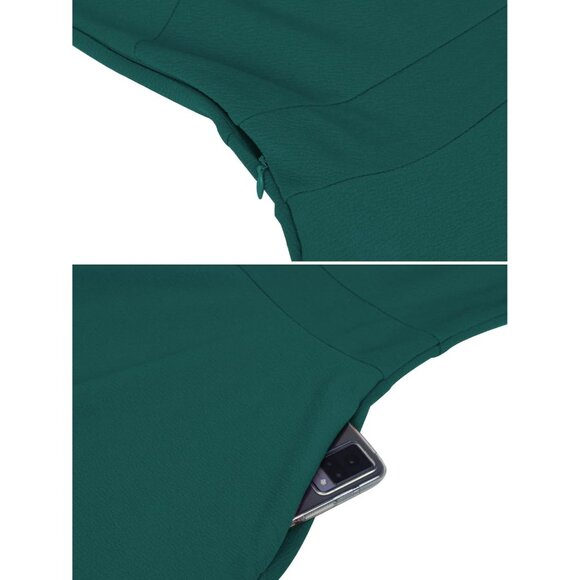 Women Dark Green Short Puff Sleeve Flare Semi-Formal Summer Dress With Pockets - Picture 4 of 5